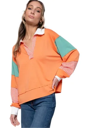 TEEK - Coral Color Block Striped Top